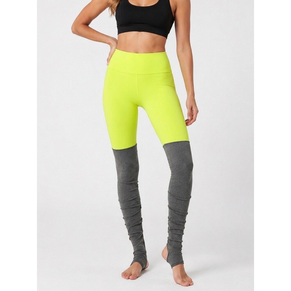 Bona Fide Women’s Medium Leggings Neon Yellow Gray Ruched Ankle High Waist Activ